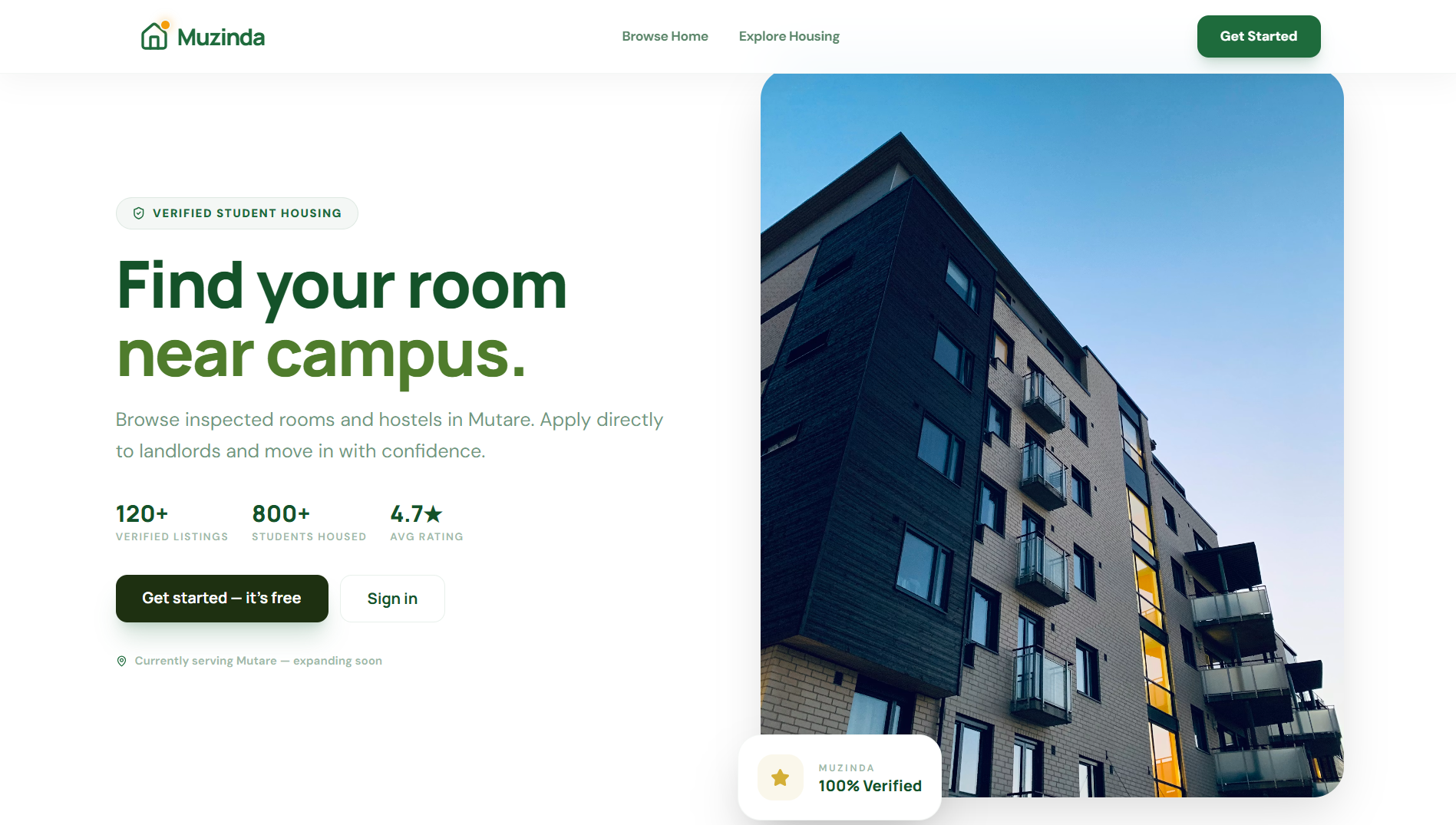 Muzinda App Interface - Student housing platform